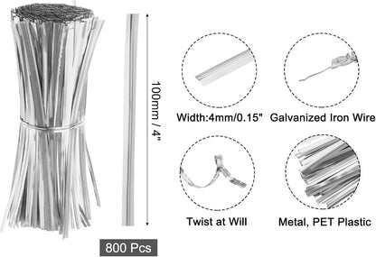 6" Twist Ties, Metallic Twist Ties, Reusable Plastic Coated Twist Ties for Bakery, Candy Bags, Coffee Bags, Goodie Bags, Pack of 800, Silver