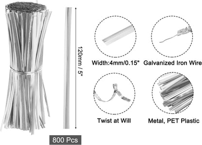 6" Twist Ties, Metallic Twist Ties, Reusable Plastic Coated Twist Ties for Bakery, Candy Bags, Coffee Bags, Goodie Bags, Pack of 800, Silver