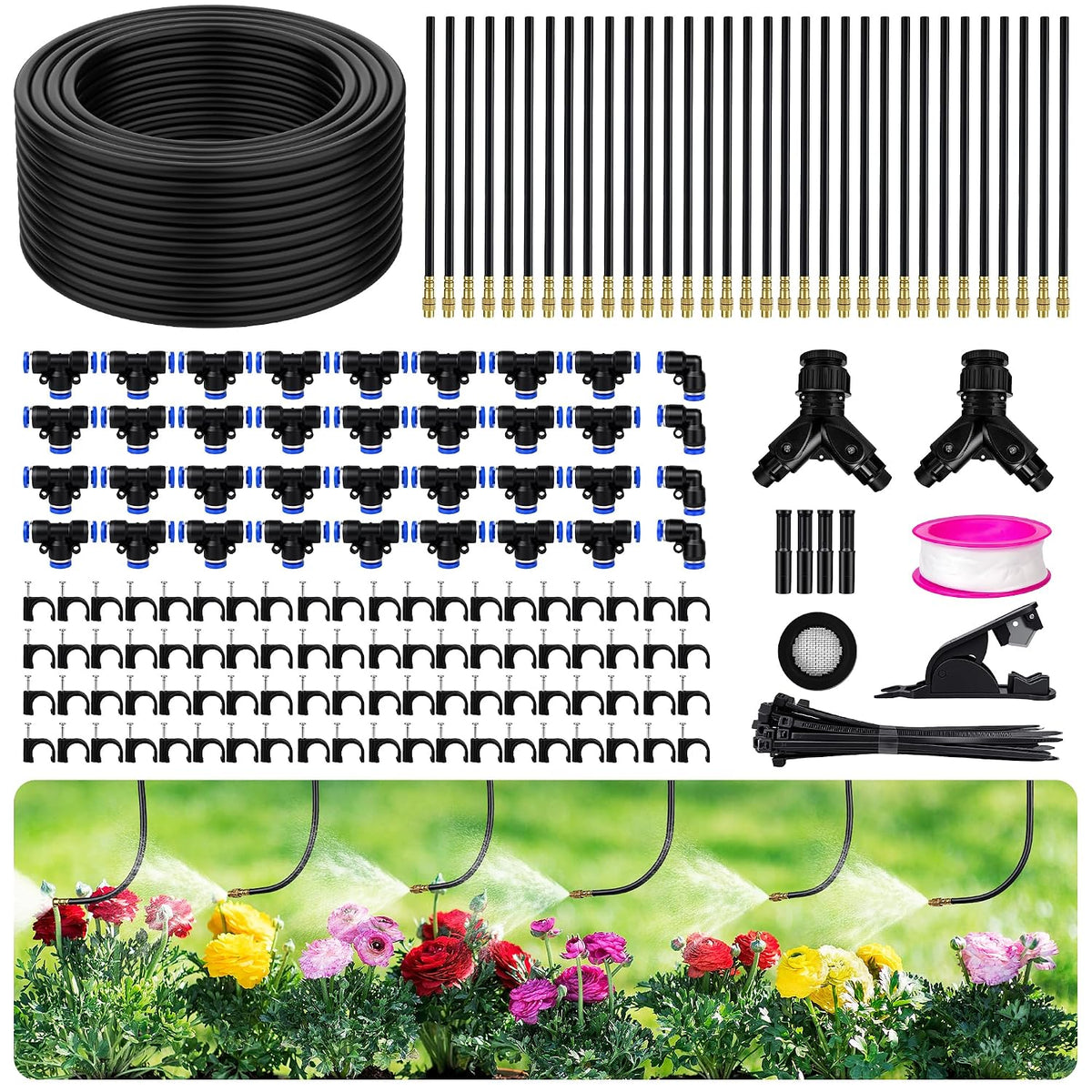 200FT 360° Adjustable Drip Irrigation Kit System for Garden Sprinklers for Yard Garden Watering System with 32 Nozzles Raised Bed Greenhouse Plant Watering Devices Misting System