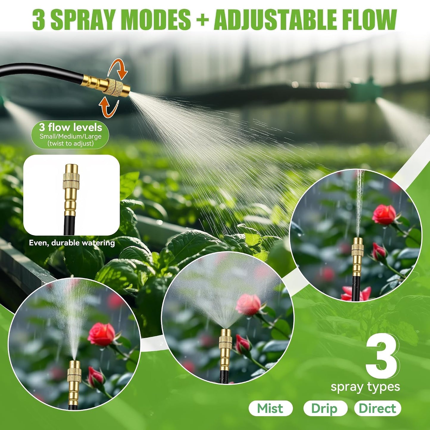 200FT 360° Adjustable Drip Irrigation Kit System for Garden Sprinklers for Yard Garden Watering System with 32 Nozzles Raised Bed Greenhouse Plant Watering Devices Misting System