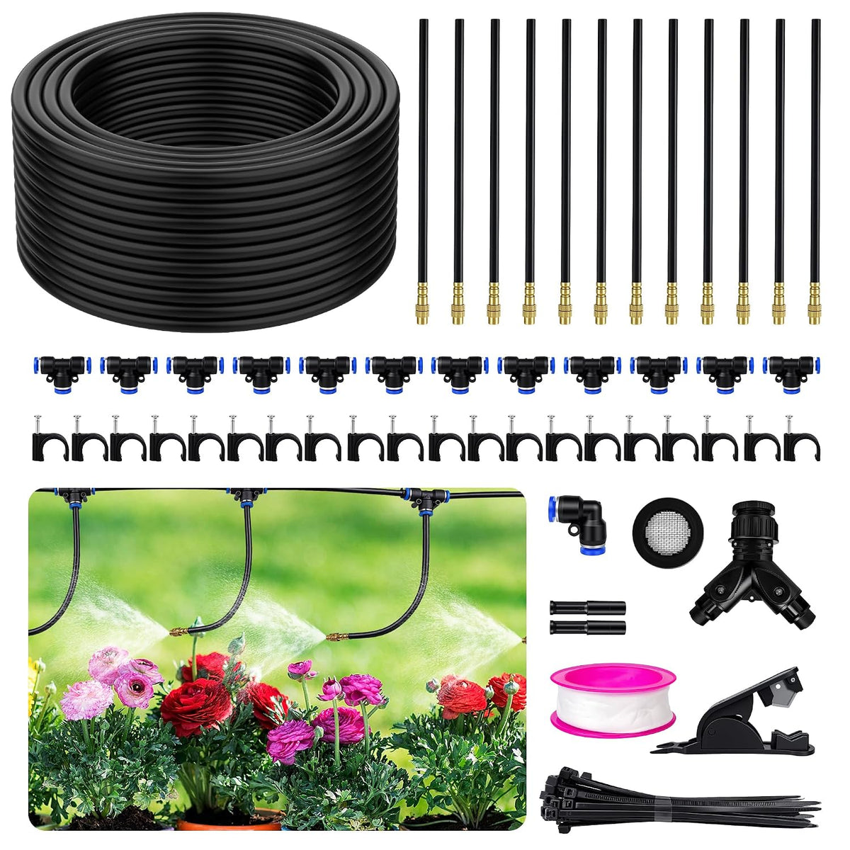 200FT 360° Adjustable Drip Irrigation Kit System for Garden Sprinklers for Yard Garden Watering System with 32 Nozzles Raised Bed Greenhouse Plant Watering Devices Misting System