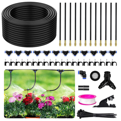 200FT 360° Adjustable Drip Irrigation Kit System for Garden Sprinklers for Yard Garden Watering System with 32 Nozzles Raised Bed Greenhouse Plant Watering Devices Misting System