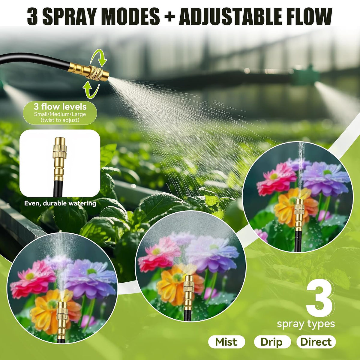 200FT 360° Adjustable Drip Irrigation Kit System for Garden Sprinklers for Yard Garden Watering System with 32 Nozzles Raised Bed Greenhouse Plant Watering Devices Misting System