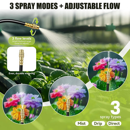 200FT 360° Adjustable Drip Irrigation Kit System for Garden Sprinklers for Yard Garden Watering System with 32 Nozzles Raised Bed Greenhouse Plant Watering Devices Misting System