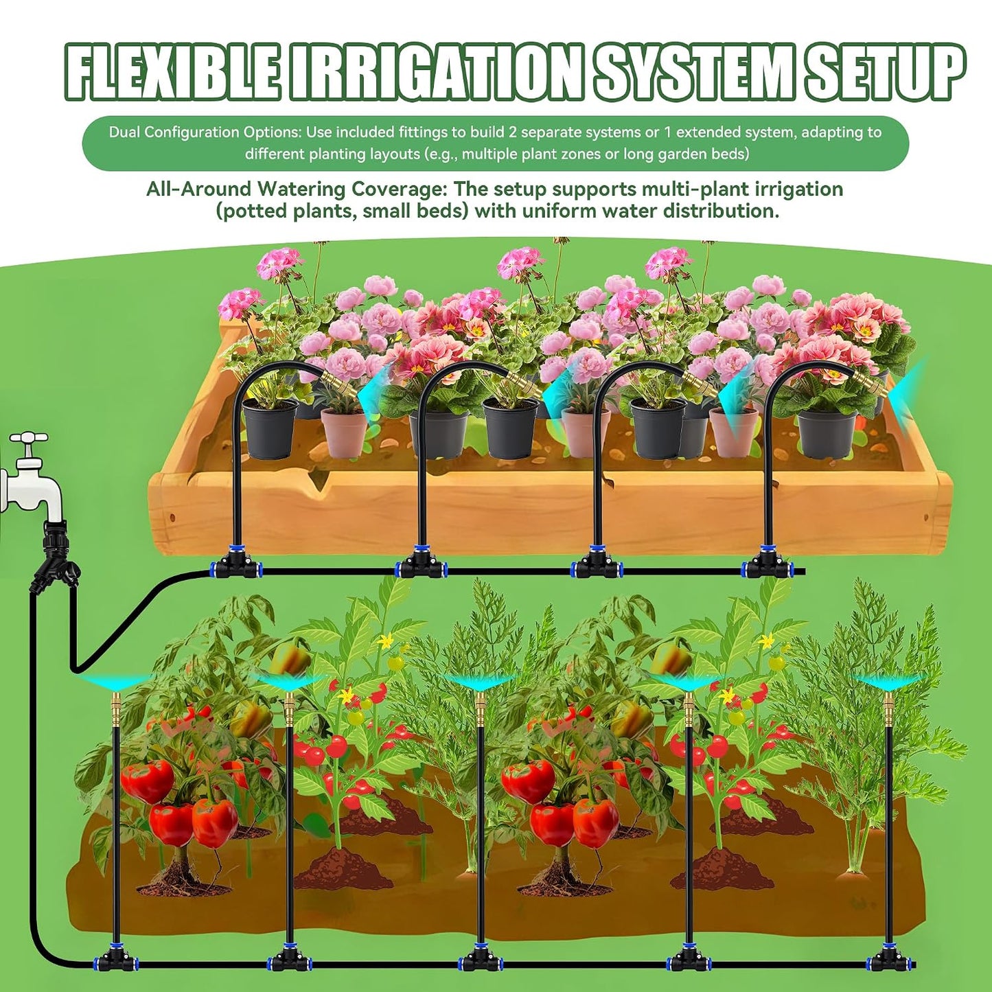 200FT 360° Adjustable Drip Irrigation Kit System for Garden Sprinklers for Yard Garden Watering System with 32 Nozzles Raised Bed Greenhouse Plant Watering Devices Misting System