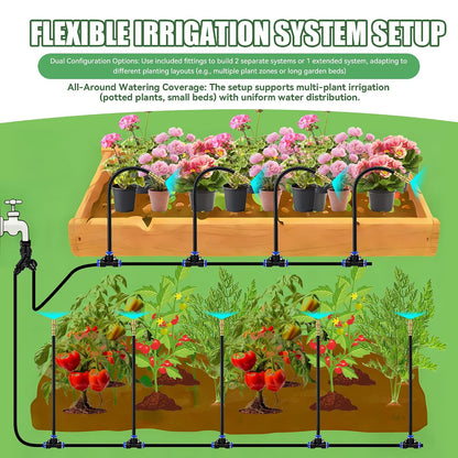 200FT 360° Adjustable Drip Irrigation Kit System for Garden Sprinklers for Yard Garden Watering System with 32 Nozzles Raised Bed Greenhouse Plant Watering Devices Misting System
