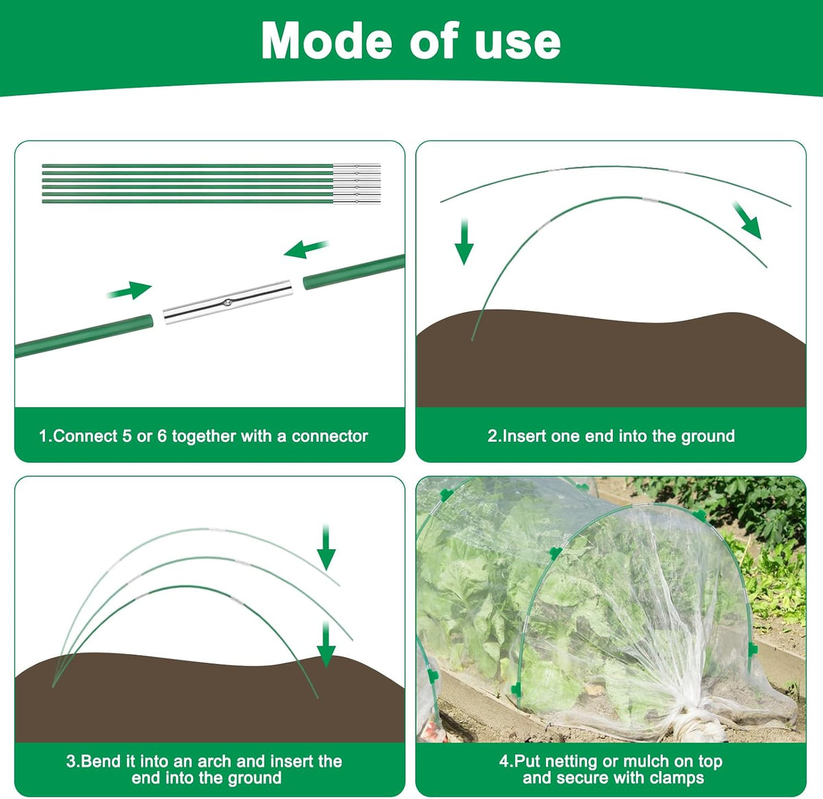 Garden Hoops for Raised Beds, Splinter-Free Fiberglass Greenhouse Hoops Grow Tunnel, 36 Pcs Adjustable Frame for Row Cover & Bird Netting, Rust-Proof DIY Outdoor Plant Stakes