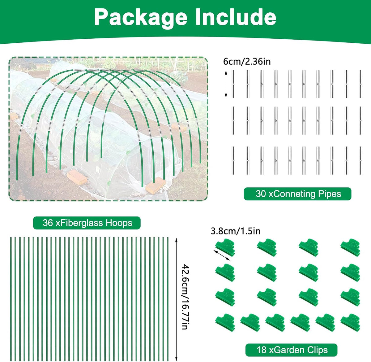 Garden Hoops for Raised Beds, Splinter-Free Fiberglass Greenhouse Hoops Grow Tunnel, 36 Pcs Adjustable Frame for Row Cover & Bird Netting, Rust-Proof DIY Outdoor Plant Stakes