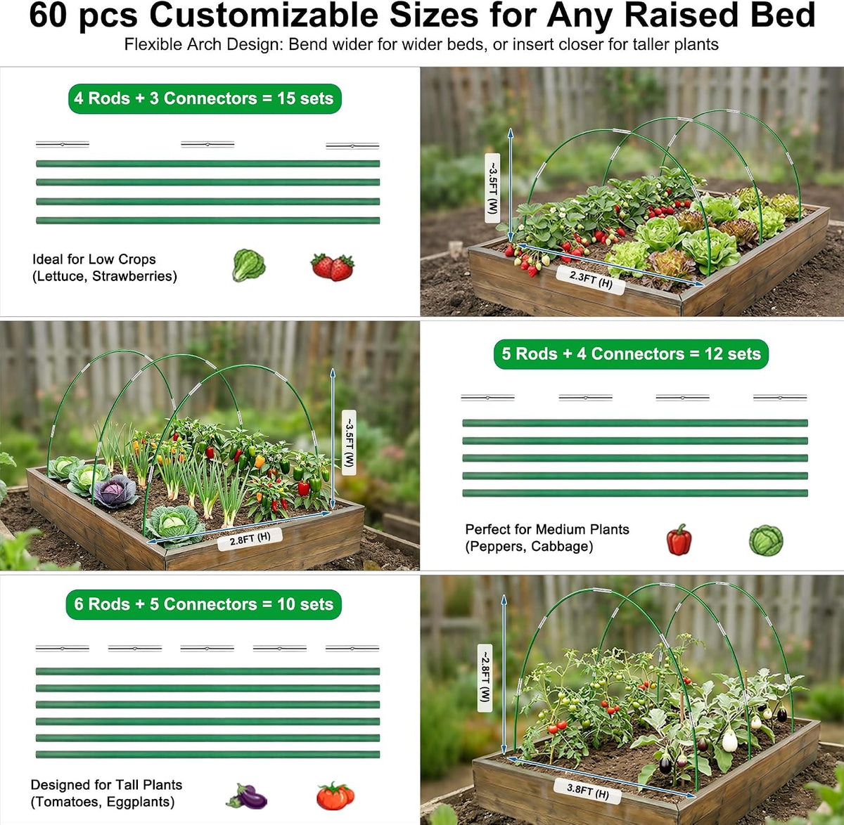 Garden Hoops for Raised Beds, Splinter-Free Fiberglass Greenhouse Hoops Grow Tunnel, 36 Pcs Adjustable Frame for Row Cover & Bird Netting, Rust-Proof DIY Outdoor Plant Stakes