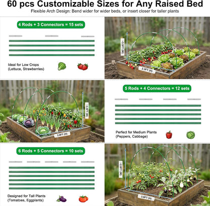 Garden Hoops for Raised Beds, Splinter-Free Fiberglass Greenhouse Hoops Grow Tunnel, 36 Pcs Adjustable Frame for Row Cover & Bird Netting, Rust-Proof DIY Outdoor Plant Stakes