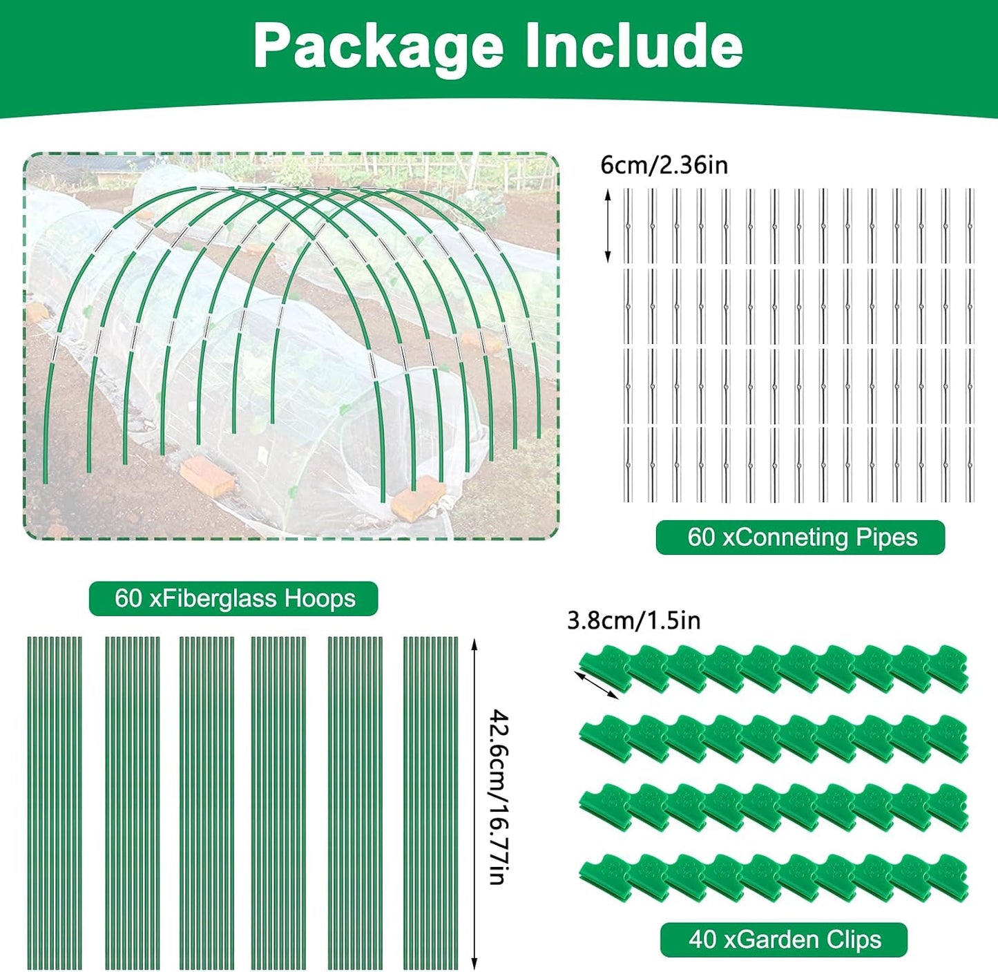 Garden Hoops for Raised Beds, Splinter-Free Fiberglass Greenhouse Hoops Grow Tunnel, 36 Pcs Adjustable Frame for Row Cover & Bird Netting, Rust-Proof DIY Outdoor Plant Stakes