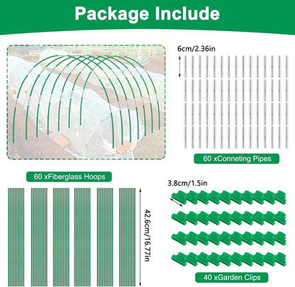 Garden Hoops for Raised Beds, Splinter-Free Fiberglass Greenhouse Hoops Grow Tunnel, 36 Pcs Adjustable Frame for Row Cover & Bird Netting, Rust-Proof DIY Outdoor Plant Stakes