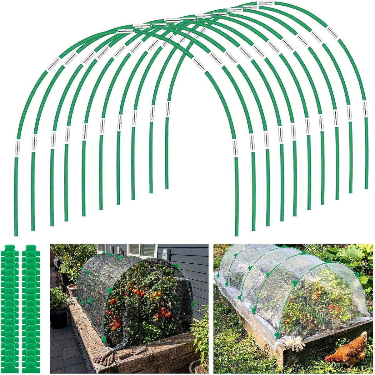 Garden Hoops for Raised Beds, Splinter-Free Fiberglass Greenhouse Hoops Grow Tunnel, 36 Pcs Adjustable Frame for Row Cover & Bird Netting, Rust-Proof DIY Outdoor Plant Stakes