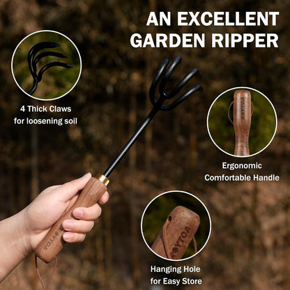 Hand Cultivator Rake, Ergonomic Small Garden Rake with Walnut Handle & 4 Durable Tines, Garden Tools for Weeding, Digging and Cultivating