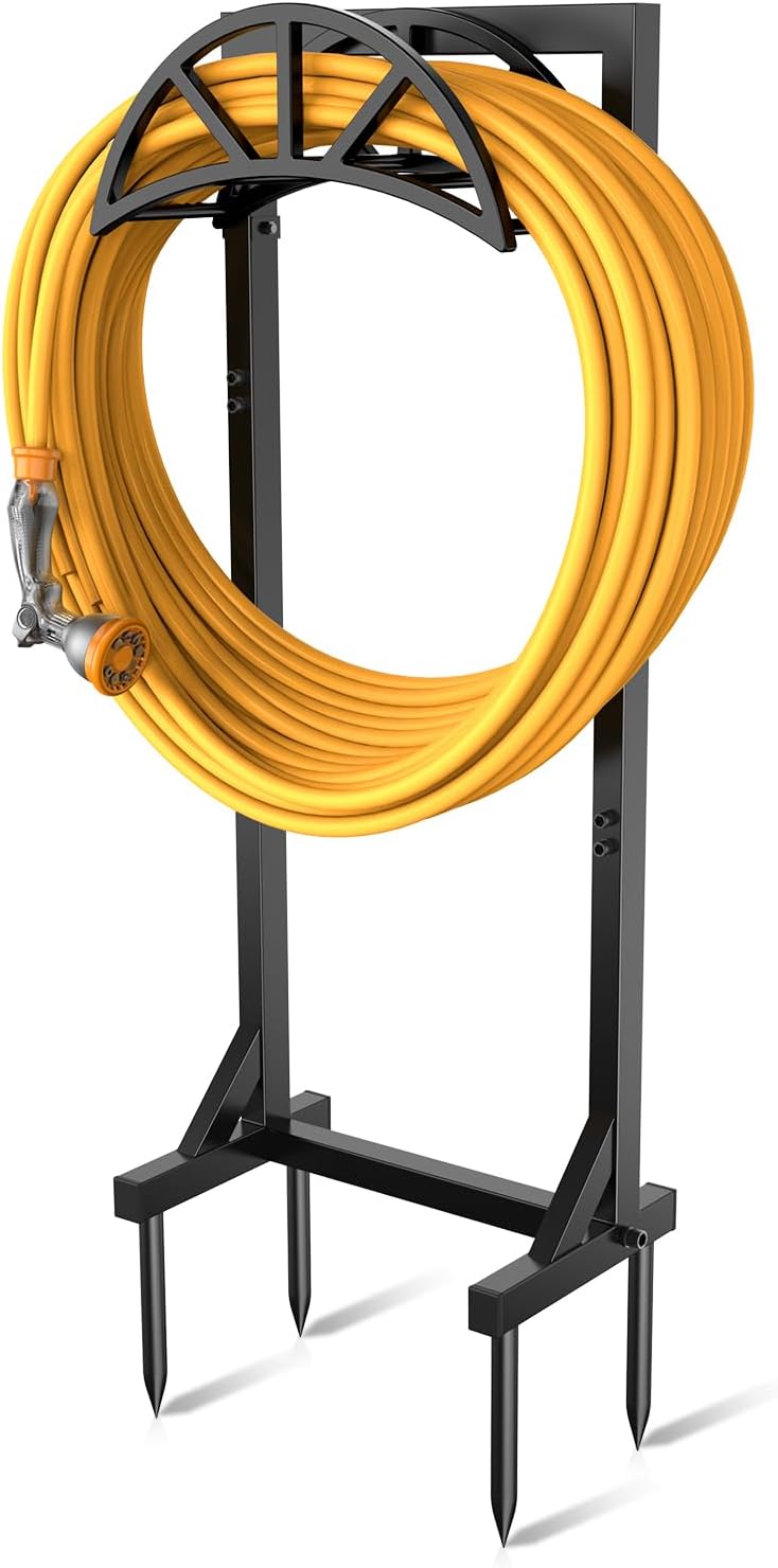Garden Hose Holder Stand, Heavy Duty Freestanding Metal Hose Holder with 4 Spikes, Hose Reel Alternative Holds up to 150 ft for Yard Lawn Garden Patio