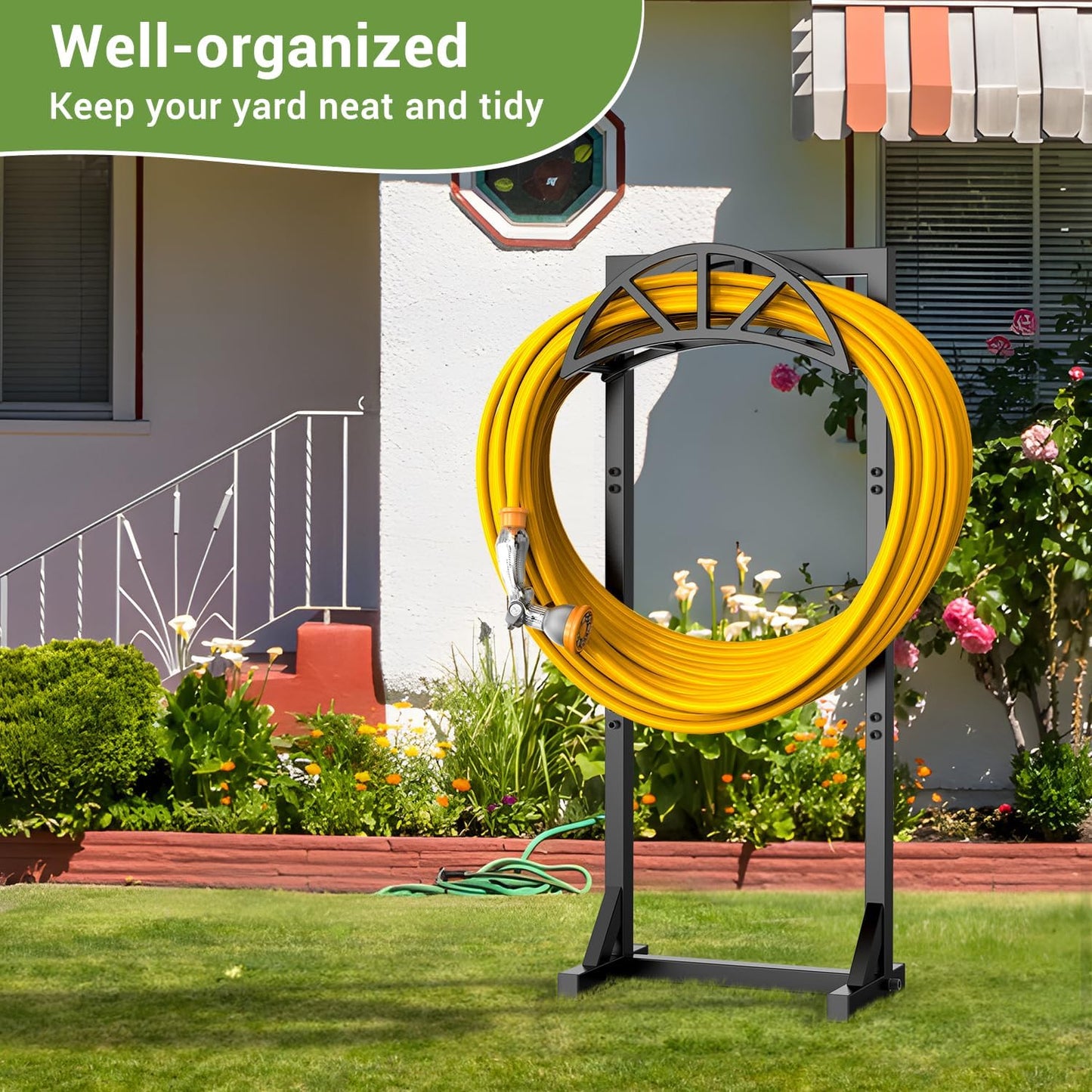 Garden Hose Holder Stand, Heavy Duty Freestanding Metal Hose Holder with 4 Spikes, Hose Reel Alternative Holds up to 150 ft for Yard Lawn Garden Patio