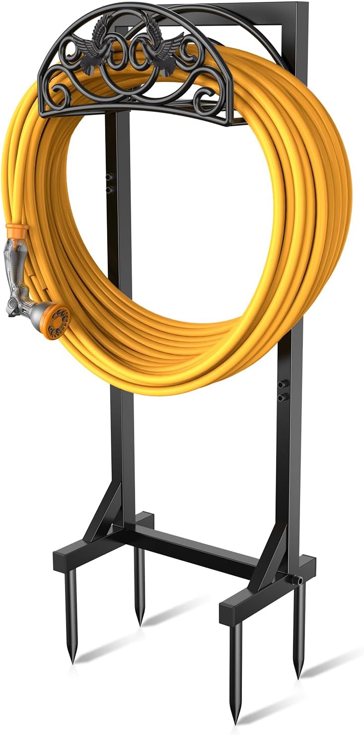 Garden Hose Holder Stand, Heavy Duty Freestanding Metal Hose Holder with 4 Spikes, Hose Reel Alternative Holds up to 150 ft for Yard Lawn Garden Patio
