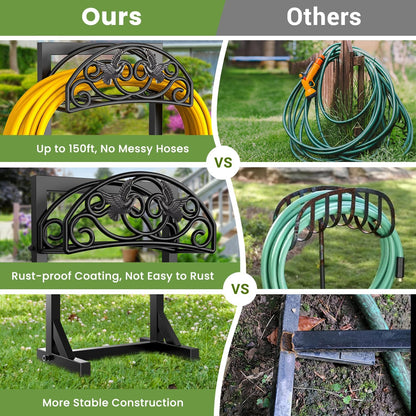 Garden Hose Holder Stand, Heavy Duty Freestanding Metal Hose Holder with 4 Spikes, Hose Reel Alternative Holds up to 150 ft for Yard Lawn Garden Patio