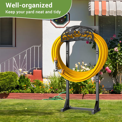 Garden Hose Holder Stand, Heavy Duty Freestanding Metal Hose Holder with 4 Spikes, Hose Reel Alternative Holds up to 150 ft for Yard Lawn Garden Patio