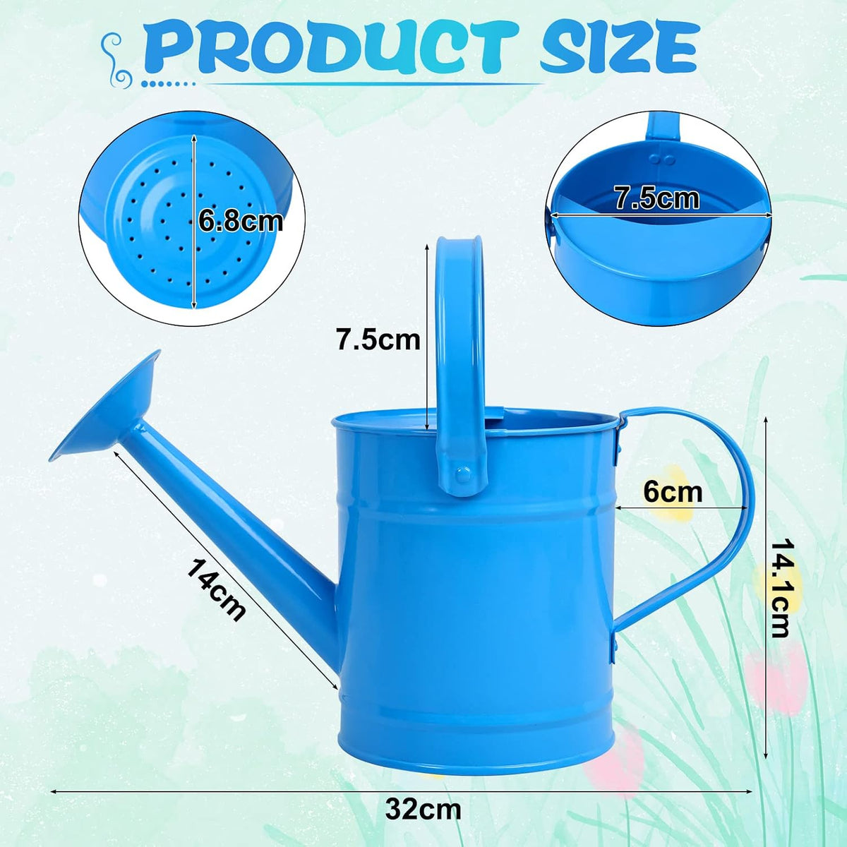 Blue Metal Watering Can, 1.5L for Kids Comfort Handle