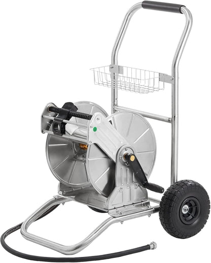 Garden Hose Reel Cart with Wheels, Stainless Steel Heavy Duty Water Hose Reel Cart, 200 ft of 1/2 Capacity, Mobile for Outside