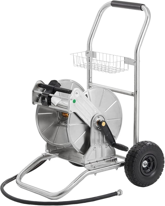 Garden Hose Reel Cart with Wheels, Stainless Steel Heavy Duty Water Hose Reel Cart, 200 ft of 1/2 Capacity, Mobile for Outside