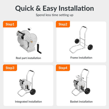 Garden Hose Reel Cart with Wheels, Stainless Steel Heavy Duty Water Hose Reel Cart, 200 ft of 1/2 Capacity, Mobile for Outside