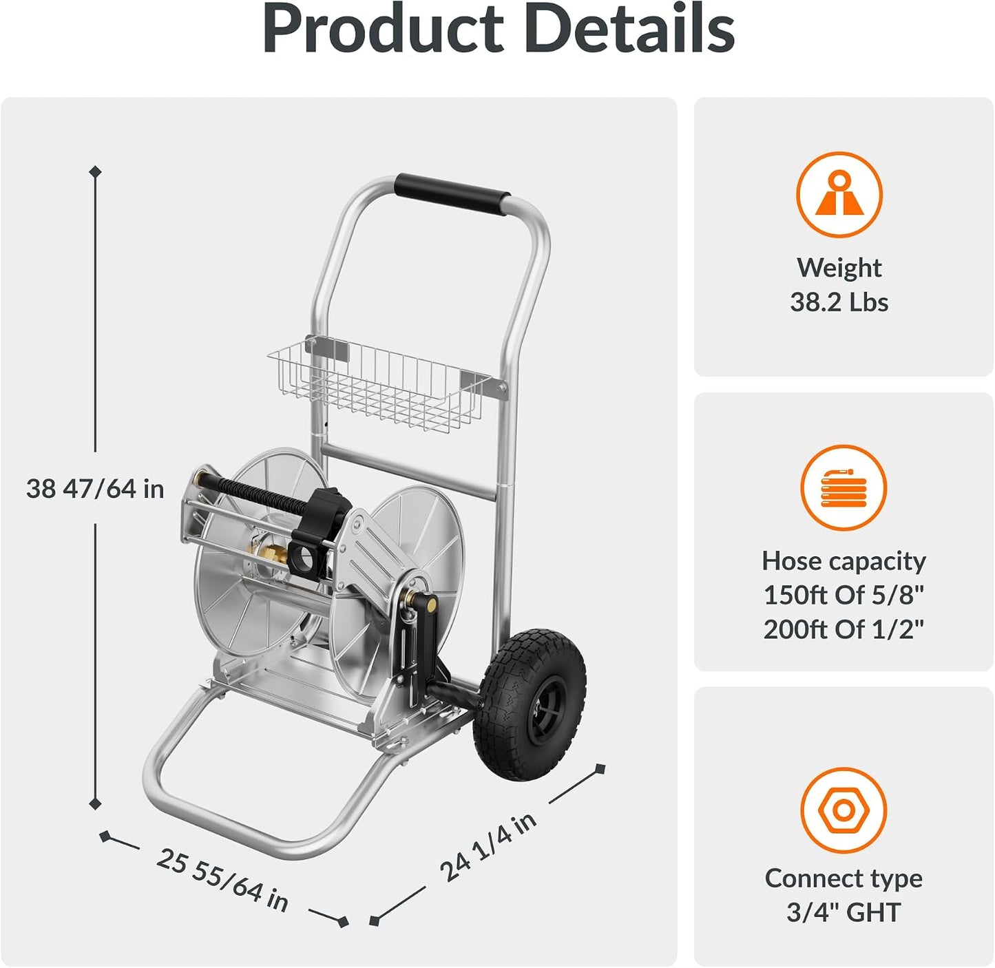 Garden Hose Reel Cart with Wheels, Stainless Steel Heavy Duty Water Hose Reel Cart, 200 ft of 1/2 Capacity, Mobile for Outside