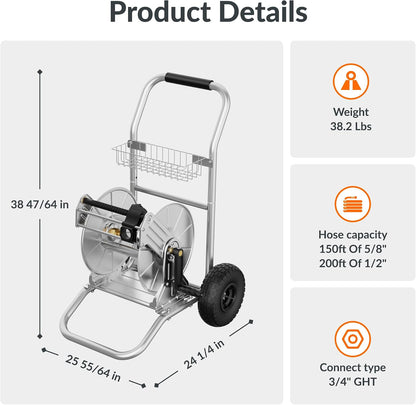 Garden Hose Reel Cart with Wheels, Stainless Steel Heavy Duty Water Hose Reel Cart, 200 ft of 1/2 Capacity, Mobile for Outside