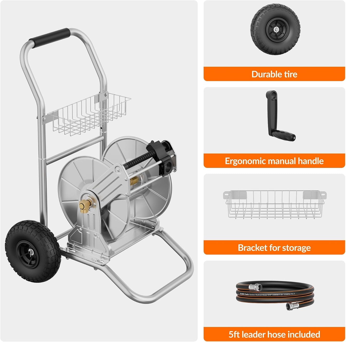 Garden Hose Reel Cart with Wheels, Stainless Steel Heavy Duty Water Hose Reel Cart, 200 ft of 1/2 Capacity, Mobile for Outside