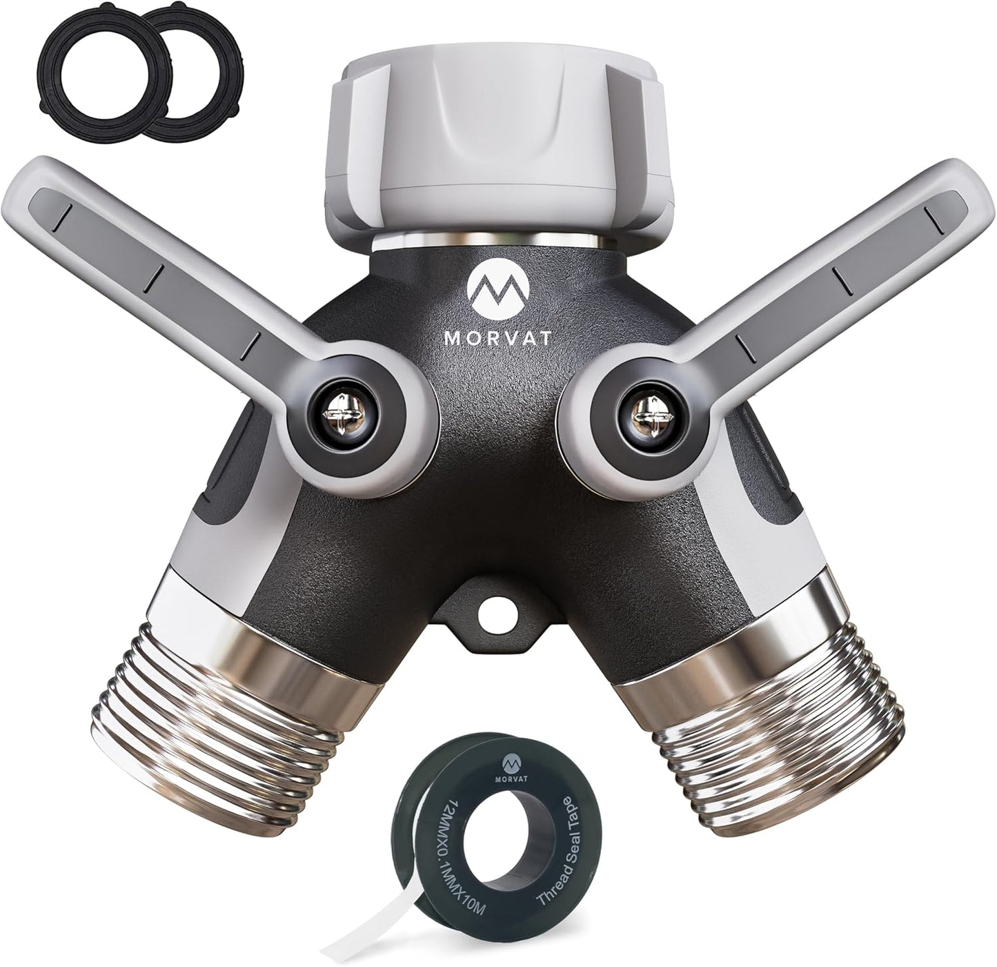 Heavy Duty Metal & PVC Covered 2 Way Y Splitter Garden Hose Connector with Comfort Grip Shut Off Valves, Adapter for Water Tap, Outlet, & Spigot, Includes 2 Extra Rubber Washers & Teflon Tape
