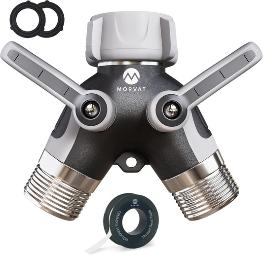 Heavy Duty Metal & PVC Covered 2 Way Y Splitter Garden Hose Connector with Comfort Grip Shut Off Valves, Adapter for Water Tap, Outlet, & Spigot, Includes 2 Extra Rubber Washers & Teflon Tape