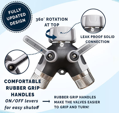 Heavy Duty Metal & PVC Covered 2 Way Y Splitter Garden Hose Connector with Comfort Grip Shut Off Valves, Adapter for Water Tap, Outlet, & Spigot, Includes 2 Extra Rubber Washers & Teflon Tape