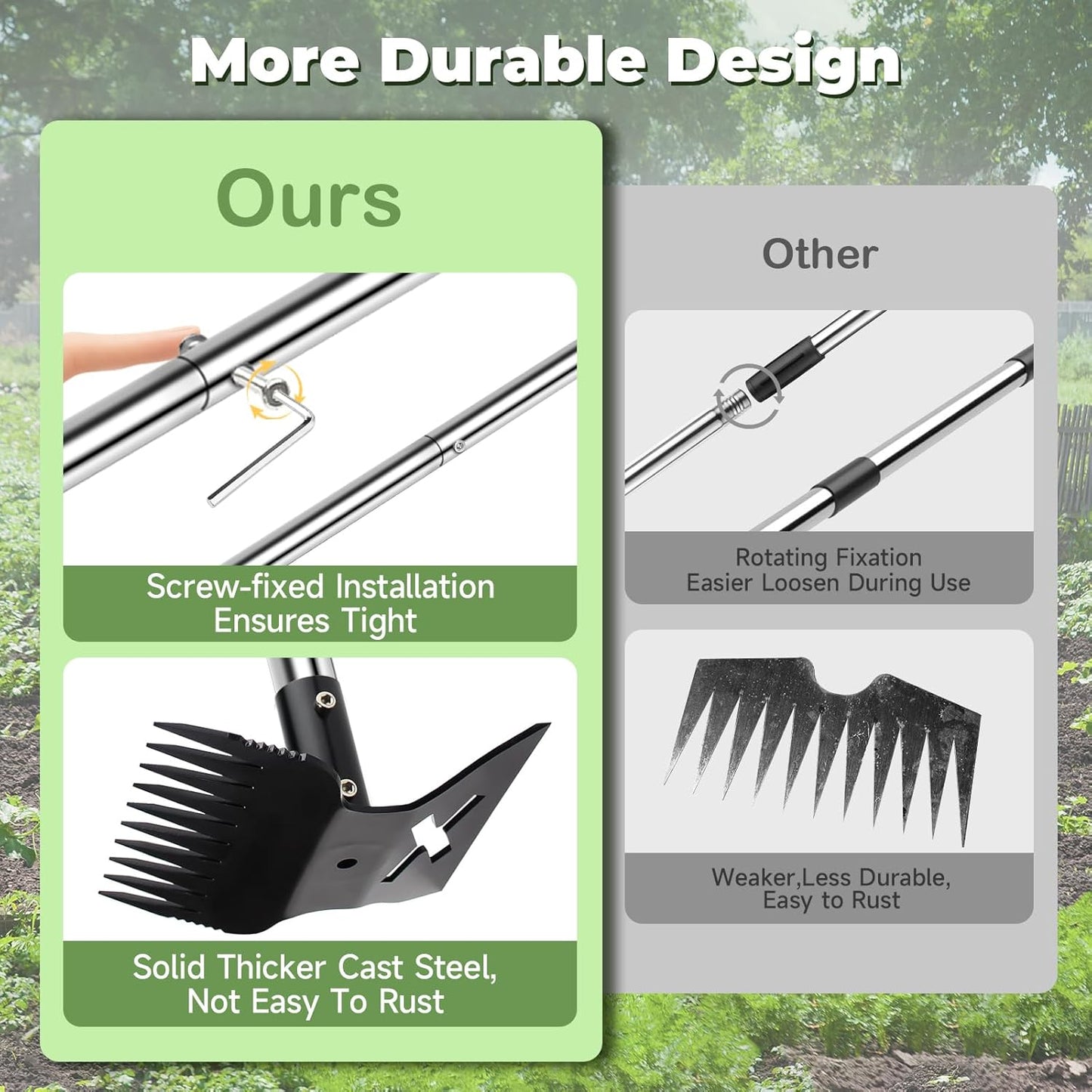Large Weed Puller Tool with Long Handle, Garden Hoe & 10 Teeth Weed Rake