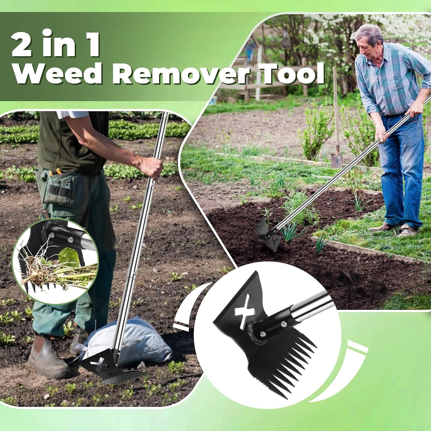 Large Weed Puller Tool with Long Handle, Garden Hoe & 10 Teeth Weed Rake