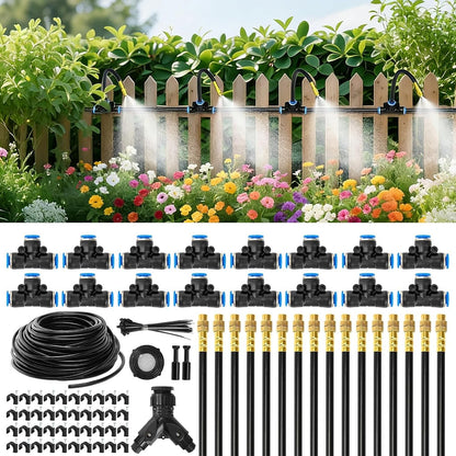 100Ft 1/4” Drip Irrigation System – Drip Irrigation Kit & Garden Watering Kit with 16 Pcs 360° Adjustable Copper Nozzles, Automatic Mist Spray for Raised Bed, Lawn, Garden & Potted Plants