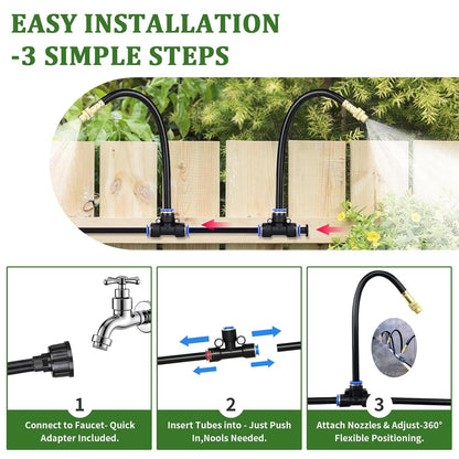 100Ft 1/4” Drip Irrigation System – Drip Irrigation Kit & Garden Watering Kit with 16 Pcs 360° Adjustable Copper Nozzles, Automatic Mist Spray for Raised Bed, Lawn, Garden & Potted Plants