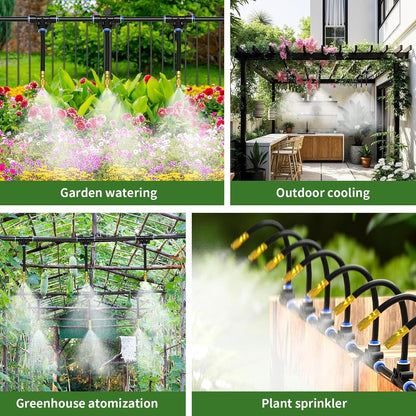100Ft 1/4” Drip Irrigation System – Drip Irrigation Kit & Garden Watering Kit with 16 Pcs 360° Adjustable Copper Nozzles, Automatic Mist Spray for Raised Bed, Lawn, Garden & Potted Plants