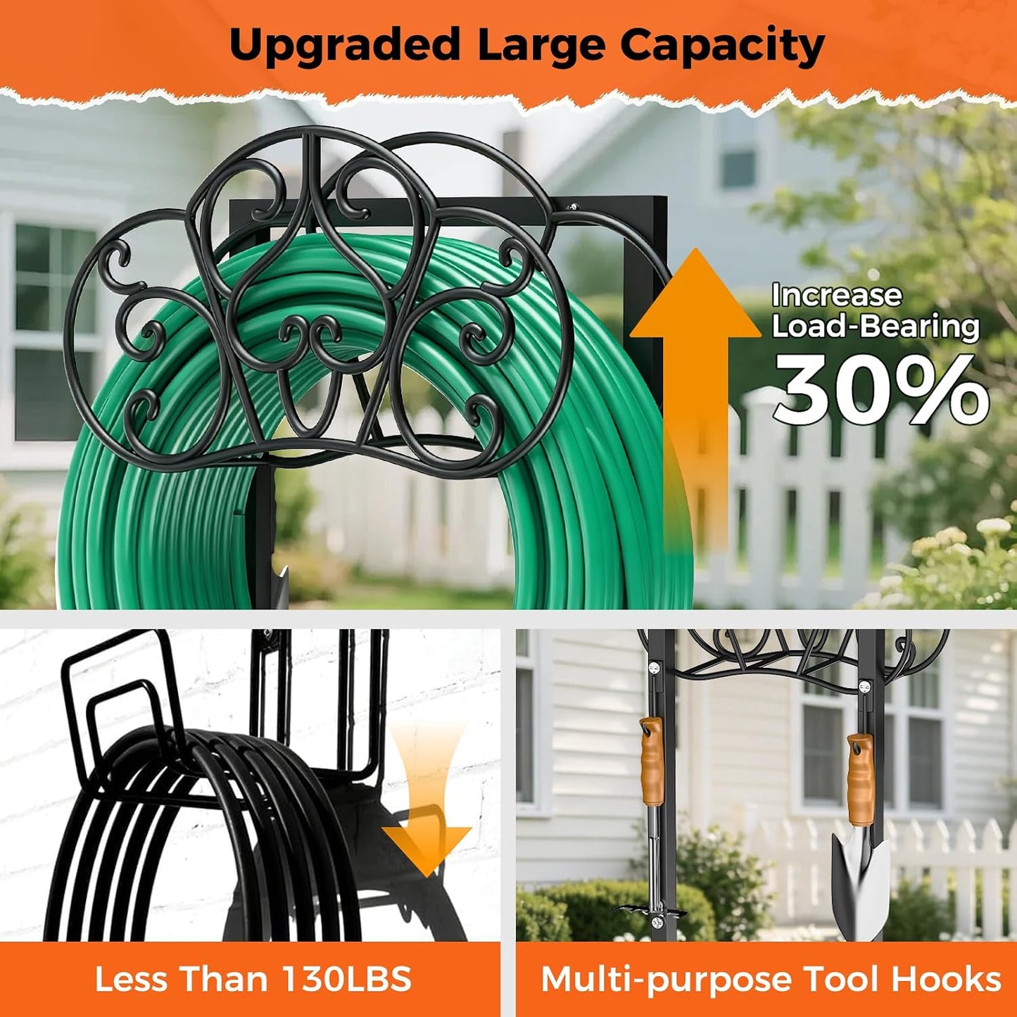 Garden Hose Holder Heavy-Duty Freestanding Water Hose Holder Holds 160Ft Hoses with 2 Tool Hooks, Rustproof Freestanding Hose Stand with 4 Spikes Hose Hanger Storage Rack for Outside, Yard, Lawn