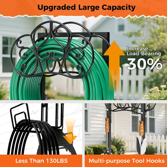 Garden Hose Holder Heavy-Duty Freestanding Water Hose Holder Holds 160Ft Hoses with 2 Tool Hooks, Rustproof Freestanding Hose Stand with 4 Spikes Hose Hanger Storage Rack for Outside, Yard, Lawn