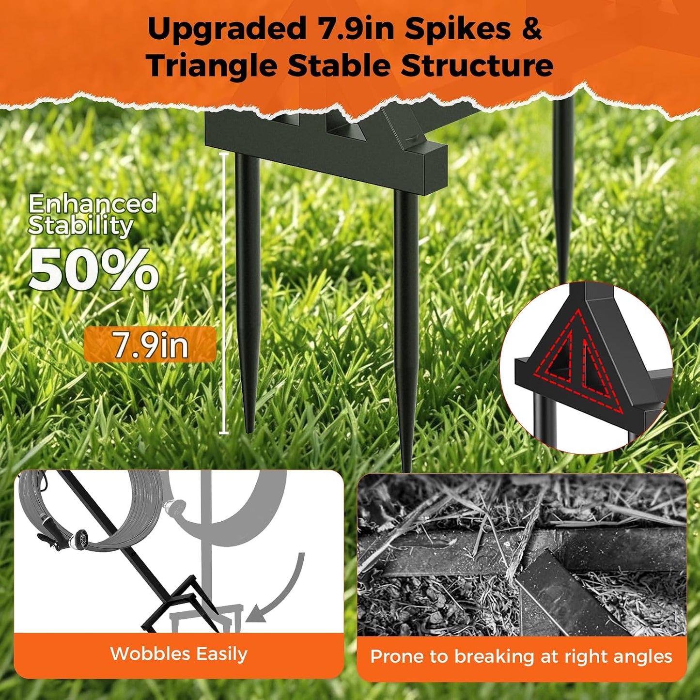 Garden Hose Holder Heavy-Duty Freestanding Water Hose Holder Holds 160Ft Hoses with 2 Tool Hooks, Rustproof Freestanding Hose Stand with 4 Spikes Hose Hanger Storage Rack for Outside, Yard, Lawn