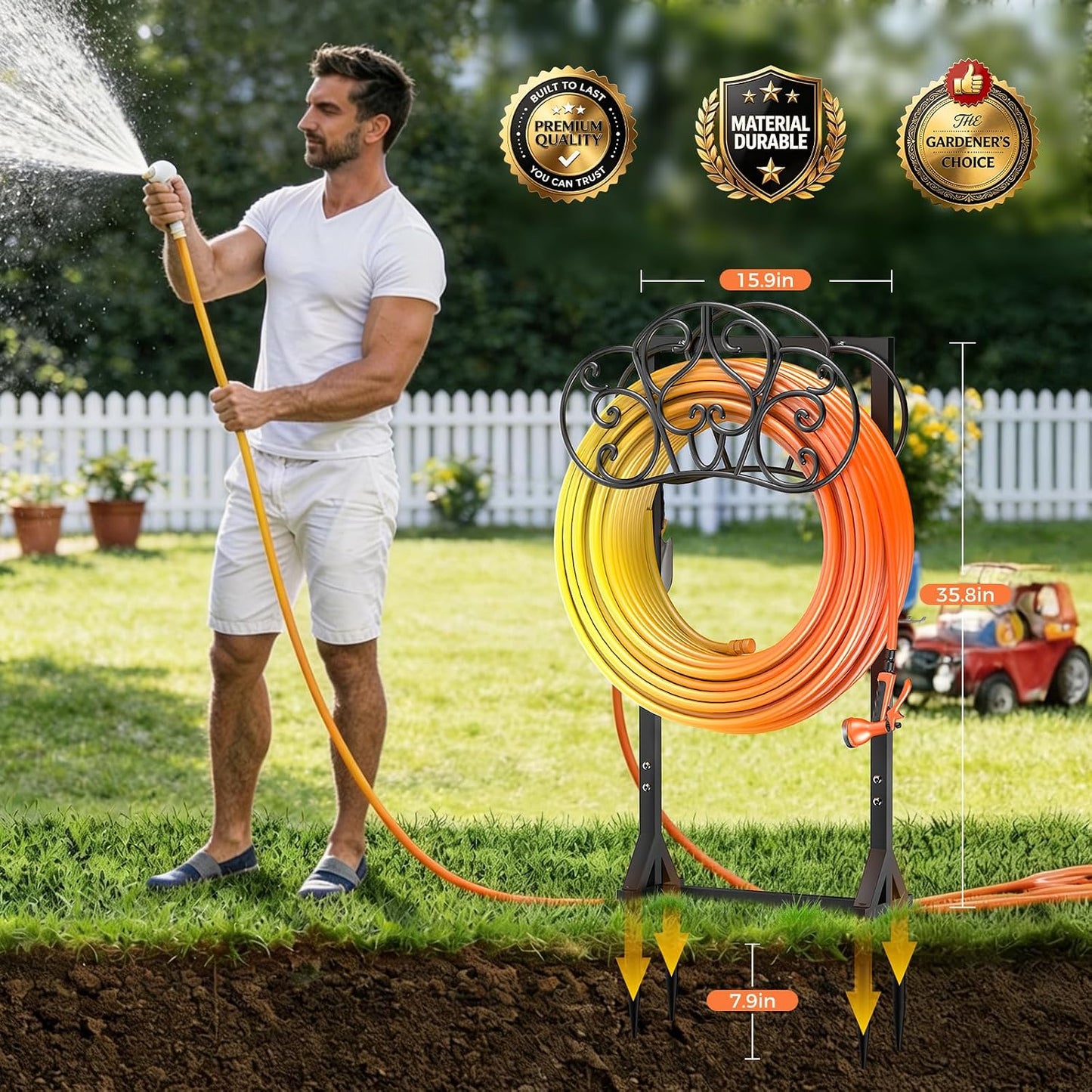 Garden Hose Holder Heavy-Duty Freestanding Water Hose Holder Holds 160Ft Hoses with 2 Tool Hooks, Rustproof Freestanding Hose Stand with 4 Spikes Hose Hanger Storage Rack for Outside, Yard, Lawn