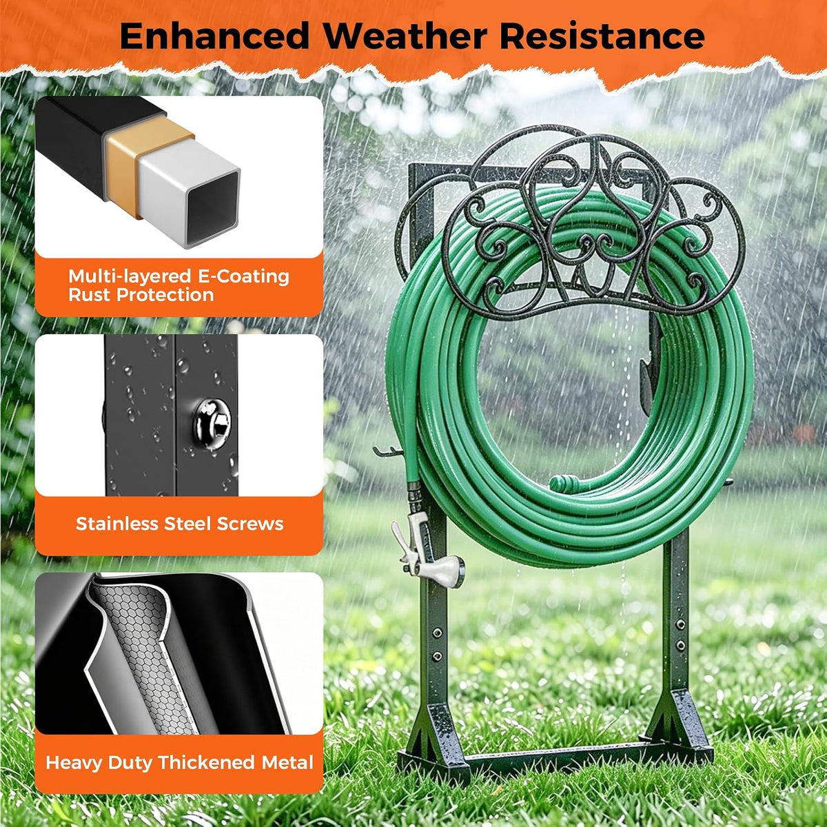 Garden Hose Holder Heavy-Duty Freestanding Water Hose Holder Holds 160Ft Hoses with 2 Tool Hooks, Rustproof Freestanding Hose Stand with 4 Spikes Hose Hanger Storage Rack for Outside, Yard, Lawn