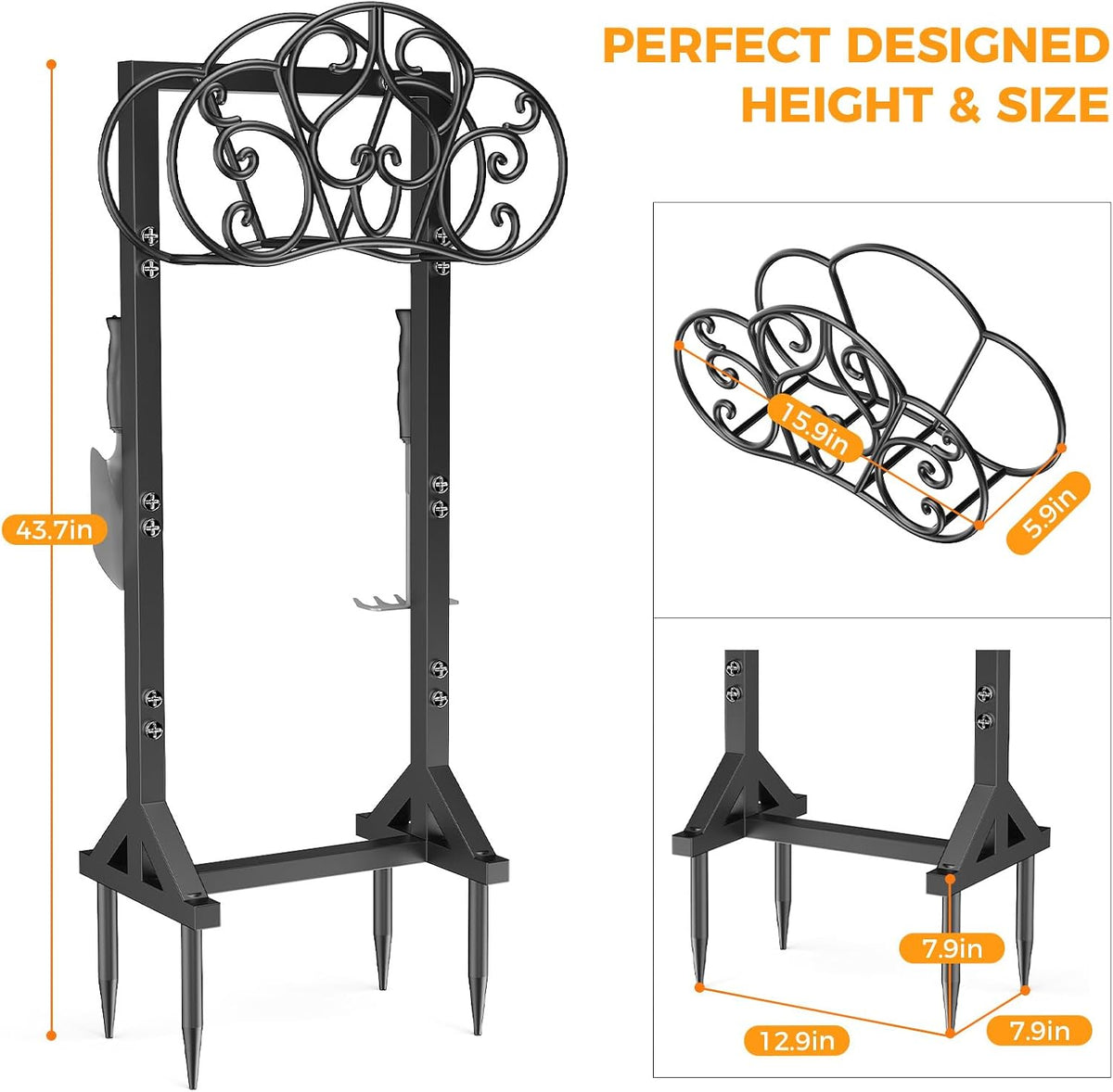 Garden Hose Holder Heavy-Duty Freestanding Water Hose Holder Holds 160Ft Hoses with 2 Tool Hooks, Rustproof Freestanding Hose Stand with 4 Spikes Hose Hanger Storage Rack for Outside, Yard, Lawn