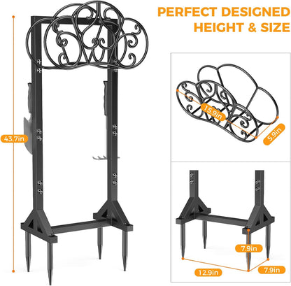 Garden Hose Holder Heavy-Duty Freestanding Water Hose Holder Holds 160Ft Hoses with 2 Tool Hooks, Rustproof Freestanding Hose Stand with 4 Spikes Hose Hanger Storage Rack for Outside, Yard, Lawn