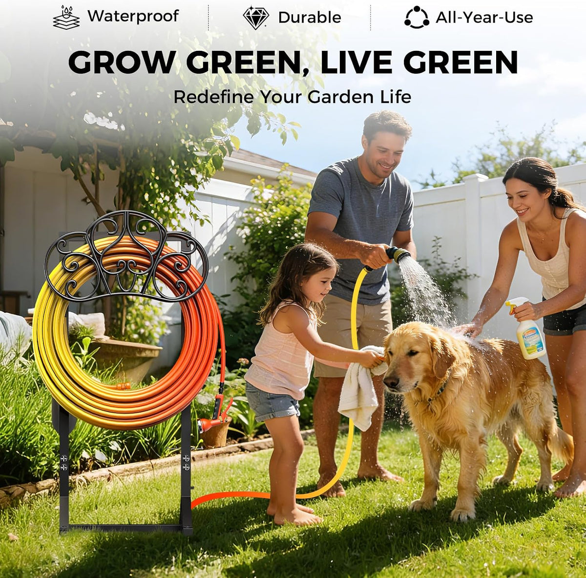 Garden Hose Holder Heavy-Duty Freestanding Water Hose Holder Holds 160Ft Hoses with 2 Tool Hooks, Rustproof Freestanding Hose Stand with 4 Spikes Hose Hanger Storage Rack for Outside, Yard, Lawn