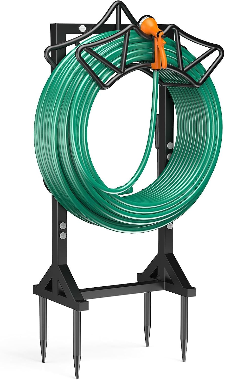 Garden Hose Holder Heavy-Duty Freestanding Water Hose Holder Holds 160Ft Hoses with 2 Tool Hooks, Rustproof Freestanding Hose Stand with 4 Spikes Hose Hanger Storage Rack for Outside, Yard, Lawn