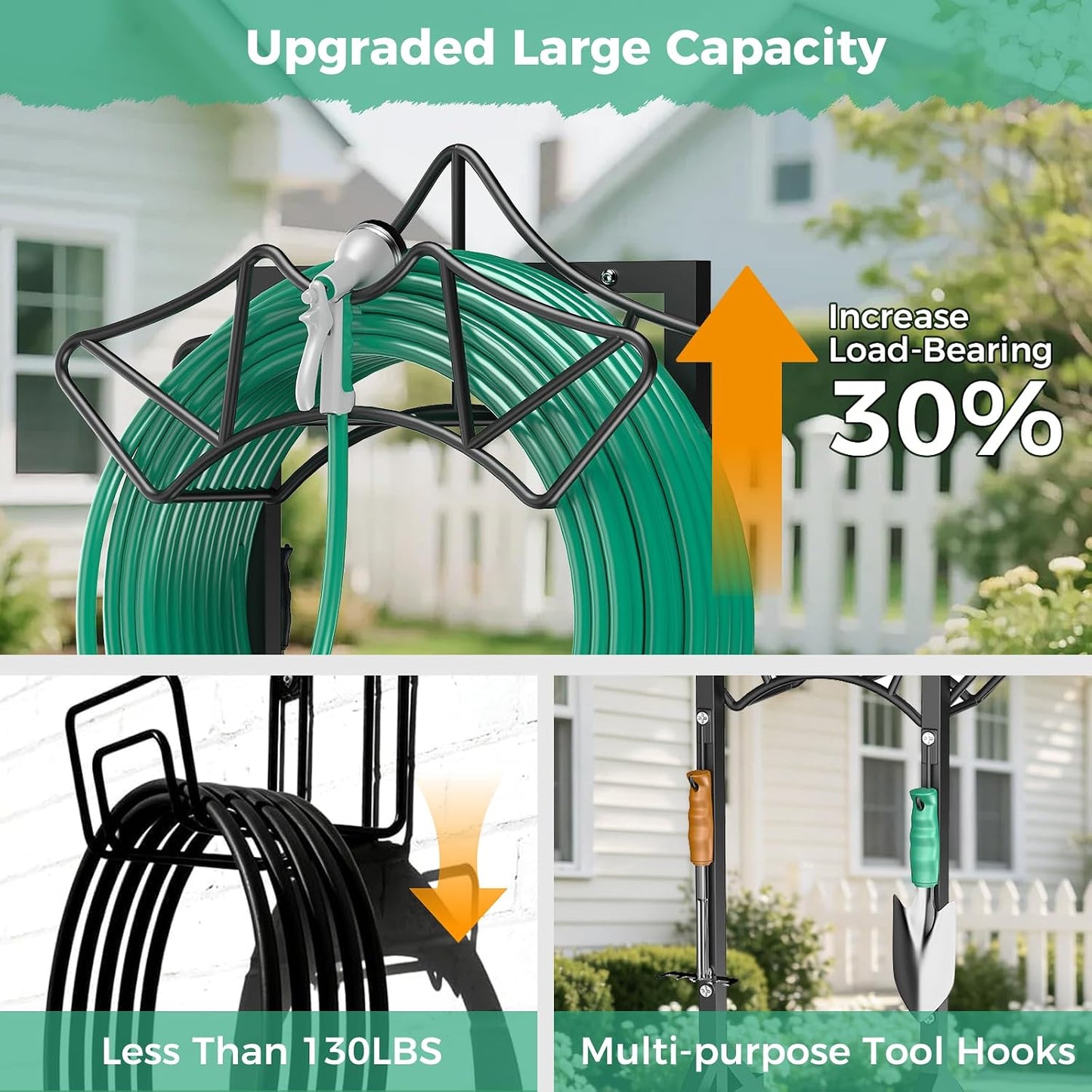 Garden Hose Holder Heavy-Duty Freestanding Water Hose Holder Holds 160Ft Hoses with 2 Tool Hooks, Rustproof Freestanding Hose Stand with 4 Spikes Hose Hanger Storage Rack for Outside, Yard, Lawn