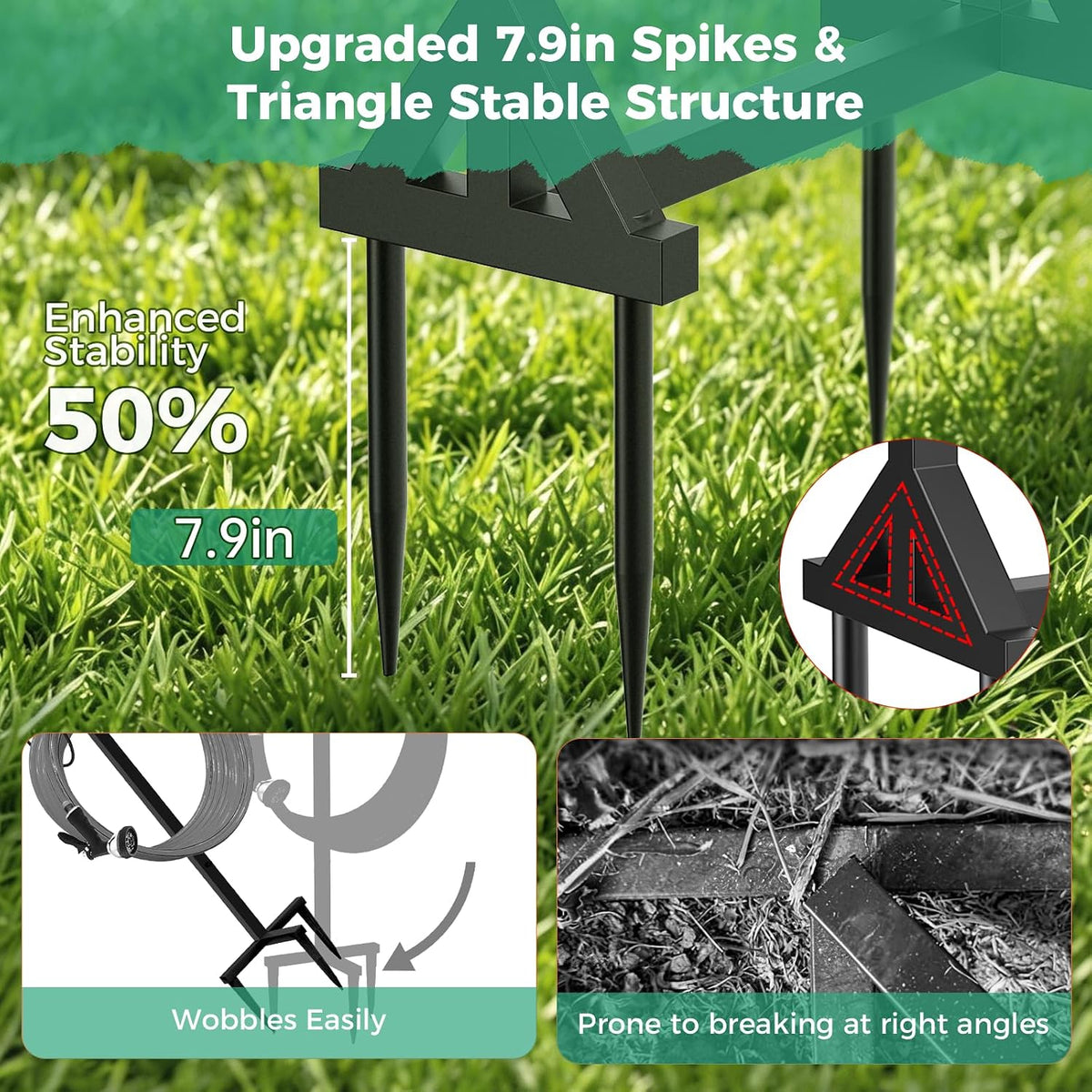 Garden Hose Holder Heavy-Duty Freestanding Water Hose Holder Holds 160Ft Hoses with 2 Tool Hooks, Rustproof Freestanding Hose Stand with 4 Spikes Hose Hanger Storage Rack for Outside, Yard, Lawn