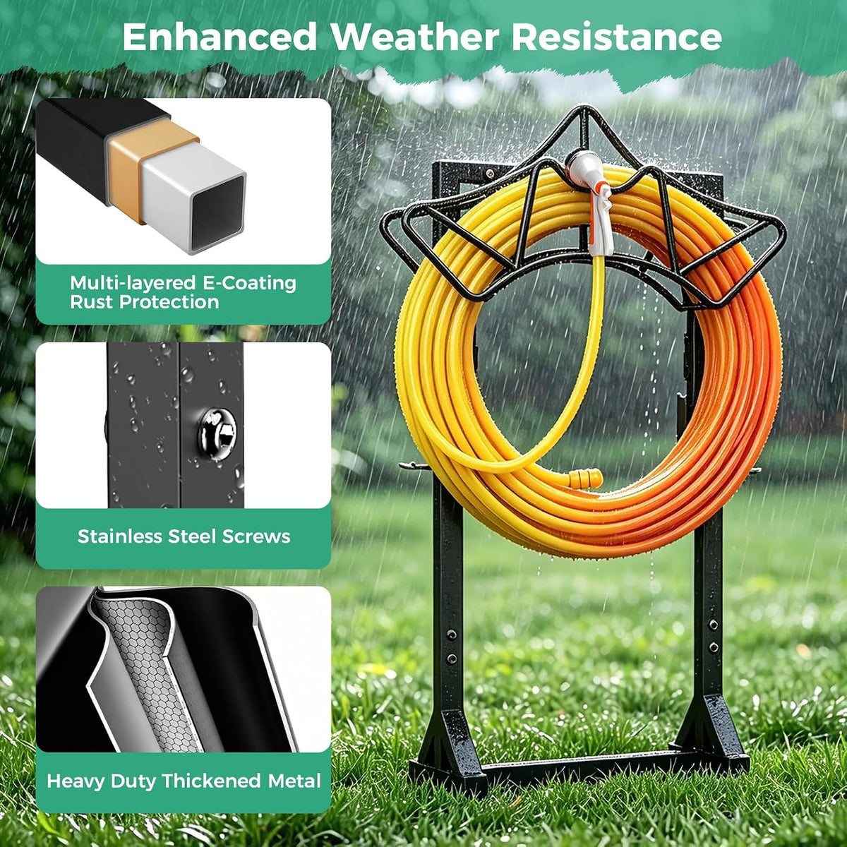 Garden Hose Holder Heavy-Duty Freestanding Water Hose Holder Holds 160Ft Hoses with 2 Tool Hooks, Rustproof Freestanding Hose Stand with 4 Spikes Hose Hanger Storage Rack for Outside, Yard, Lawn